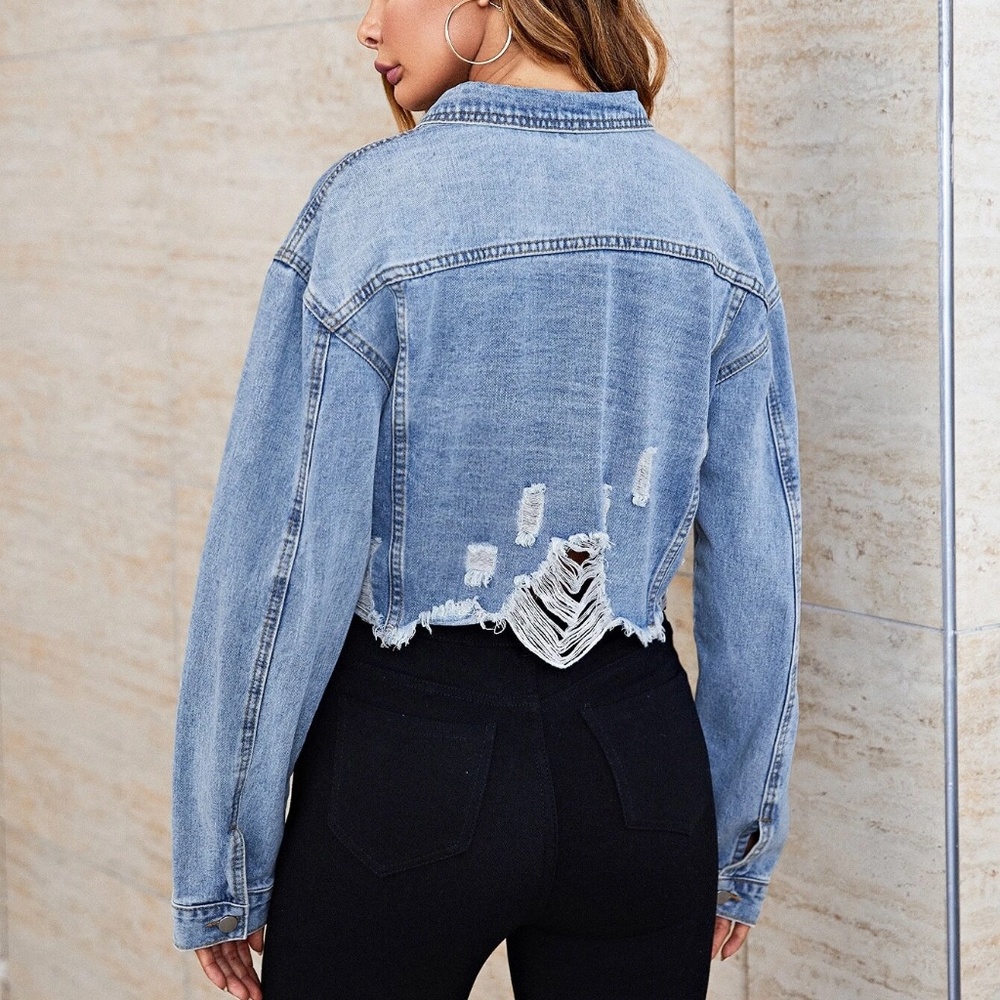 Boho Light Wash Blue Distressed Cropped Jean denim jacket - Picture 4 of 5